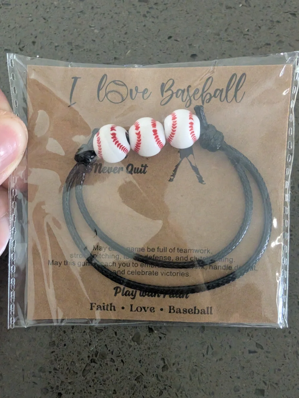 Kids Black Cord Bracelet with White Baseball Beads - Sporty Accessory